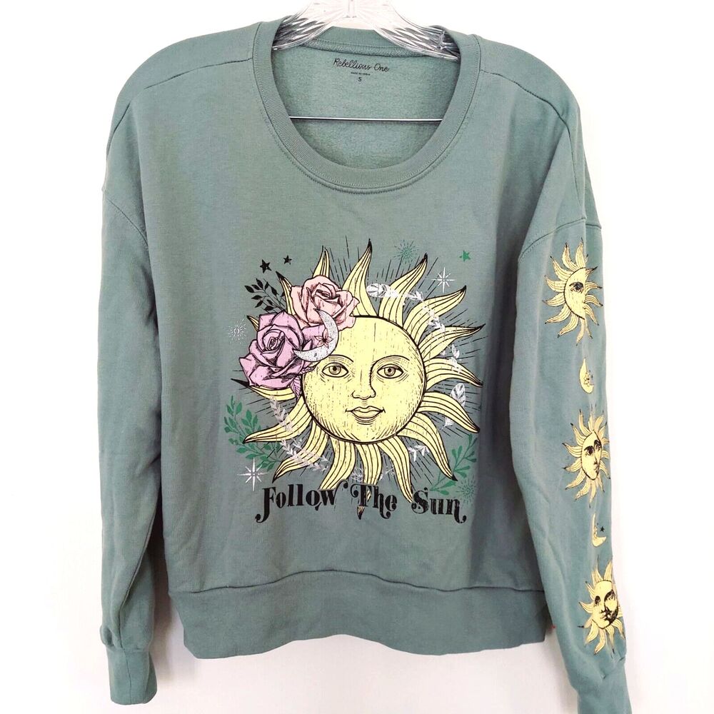 Rebellious One Sweatshirt Size Small Celestial Sun Moon Graphics Oversized